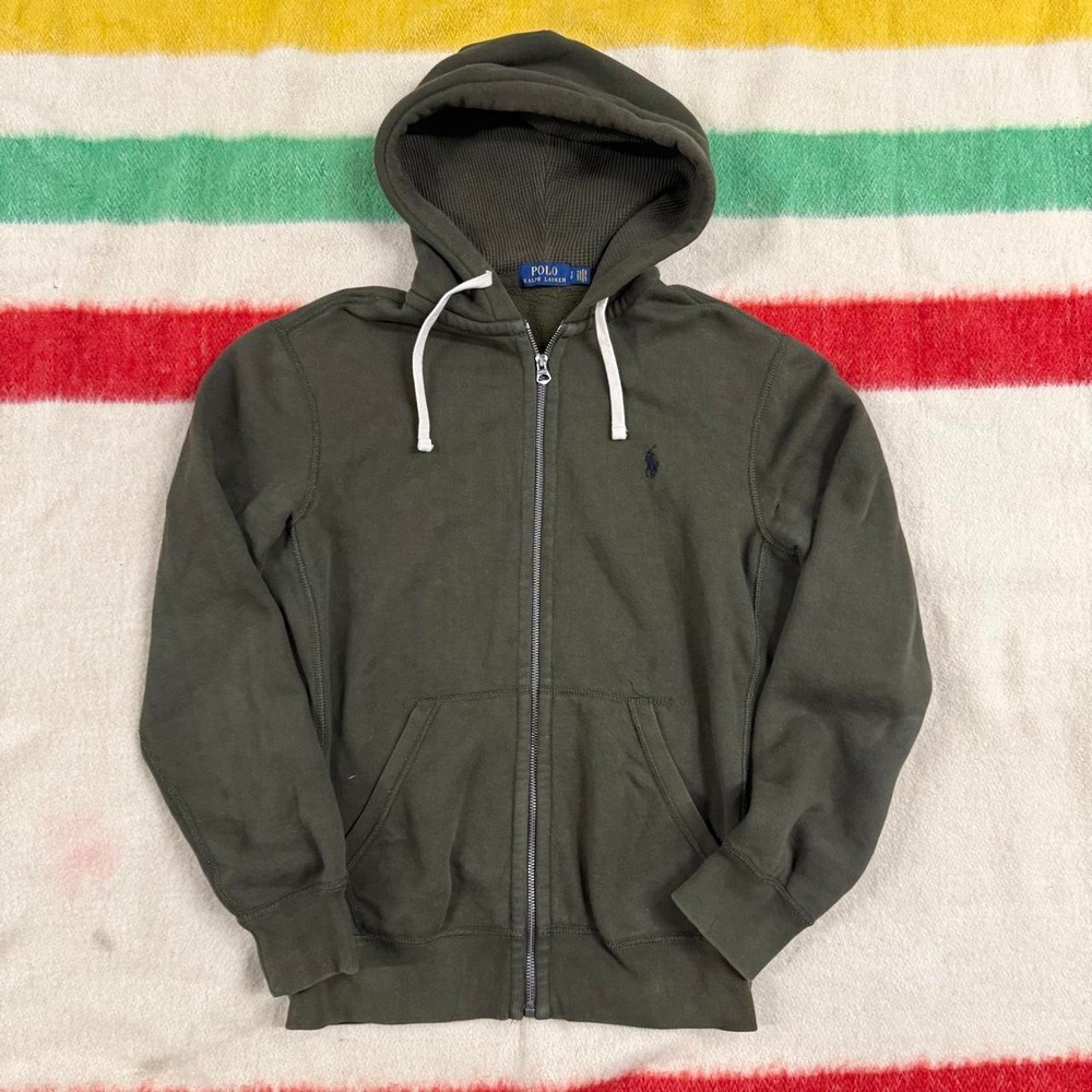 Polo Ralph Lauren Mens Olive Green Zip Up Waffle Knit Hood Hoodie Small